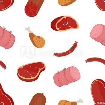 Decorative seamless pattern with delicious meat products of various types on white background