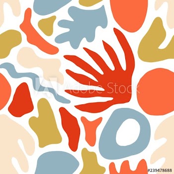 Decorative seamless pattern with unusual red and blue shapes or marks on white background