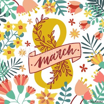 Decorative square greeting card template with motley spring blooming flowers with 8 March lettering decorated by ribbon