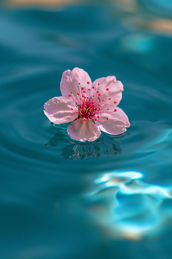 Delicate Cherry Blossom Floating on Blue Water