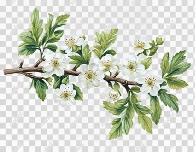 Delicate Hawthorn Branch with White Blossoms and Green Leaves