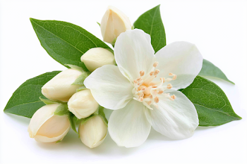 Delicate Jasmine Blossom with Buds and Green Leaves