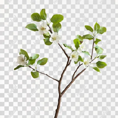 Delicate Pear Blossom Branches with Lush Green Leaves Delicate Pear Blossom Branches with Lush Green Leaves