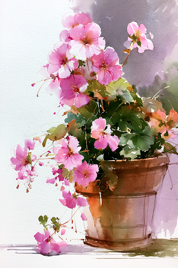 Delicate Pink Geraniums in Terracotta Pot - Watercolor Painting