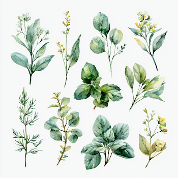Delicate Watercolor Medicinal Herbs and Leaves