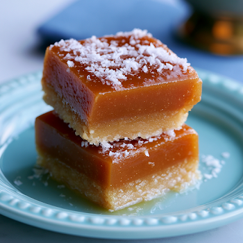 Delicious Caramel Squares on a Blue Plate