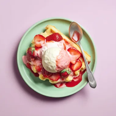 Delicious Golden Waffle with Fresh Strawberries and Gelato Delicious Golden Waffle with Fresh Strawberries and Gelato
