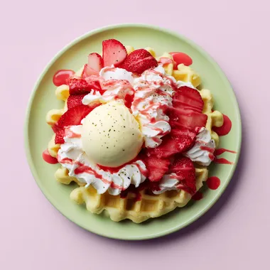 Delicious Golden Waffle with Strawberries and Gelato Delicious Golden Waffle with Strawberries and Gelato