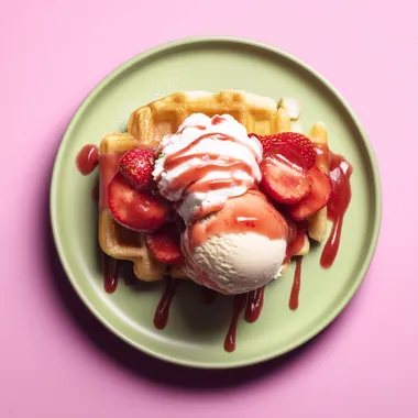 Delicious Golden Waffle with Strawberries and Gelato Delicious Golden Waffle with Strawberries and Gelato