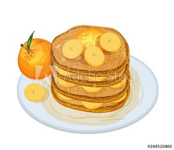 Delicious pancakes or oladyi topped with syrup and fruits lying on plate isolated on white background