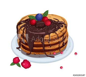 Delicious pancakes topped with chocolate sauce and berries lying on plate isolated on white background