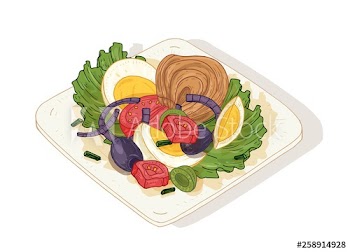 Delicious salad with vegetables and fish on plate isolated on white background