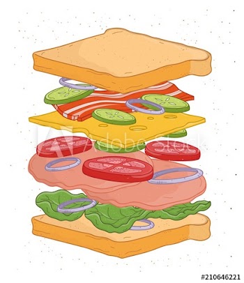 Delicious sandwich with layers or ingredients isolated on white background - bread slices, vegetables, salad leaves, cheese, bacon, meat