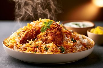 Delicious Spicy Chicken Biryani on a Ceramic Plate