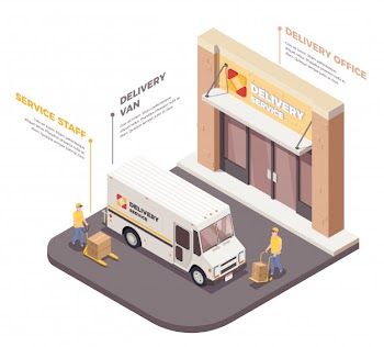 Delivery logistics shipment isometric composition with images of staff members delivery van and infographic text captions  illustration Free Vector