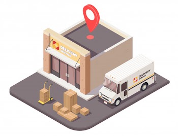 Delivery logistics shipment isometric composition with outdoor view of logistic company office building parcels and car  illustration Free Vector