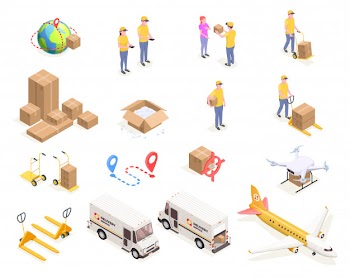 Delivery logistics shipment isometric icons set with isolated images of cardboard boxes and people in uniform  illustration Free Vector