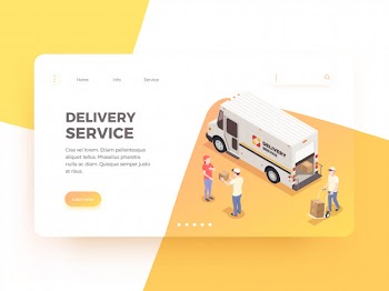 Delivery logistics shipment isometric web landing page design background with clickable links editable text and images  illustration Free Vector
