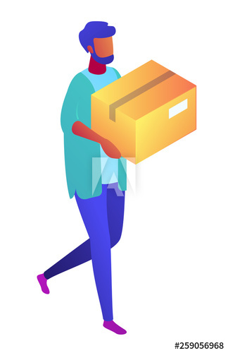 Delivery man carrying a cardboard box, tiny people isometric 3D illustration