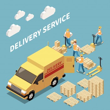Delivery service isometric composition with workers loading goods 3d isometric vector illustration Free Vector