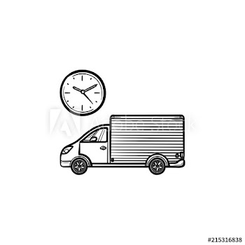 Delivery truck with clock hand drawn outline doodle icon