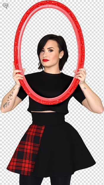DemiLovatoPO, Demi Lovato holding oval red frame transparent background PNG clipart