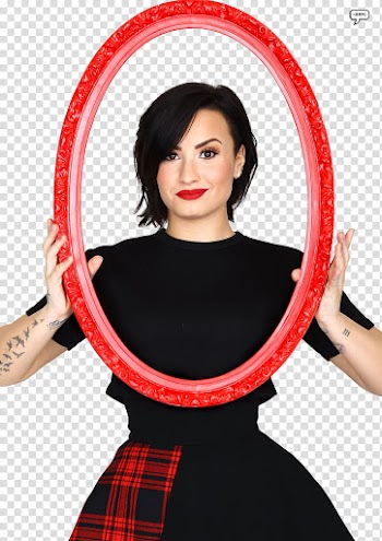 DemiLovatoPO, woman standing holding oval red frame transparent background PNG clipart