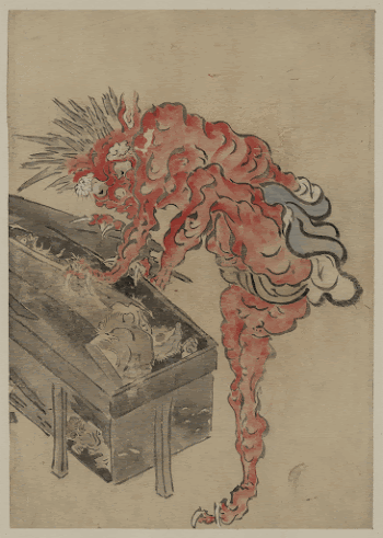 [Demon, possibly Ibaraki, opening a box]. | Free Photo - rawpixel