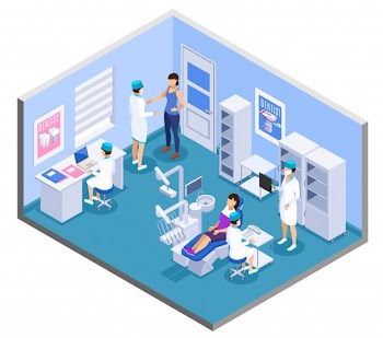Dental clinic practice office interior isometric composition with dentist medical assistants patient treatment equipment furniture Free Vector