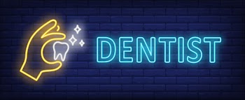 Dentist neon text with hand holding glowing tooth