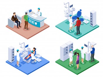 Dentist office concept 4 isometric compositions with reception desk checkup procedure advice prescription 3d scan Free Vector