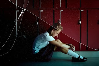 Depressed high school girl sitting by lockers… | Free stock illustration | High Resolution graphic