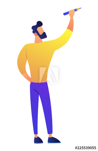 Designer standing and drawing with pencil on the wall vector illustration