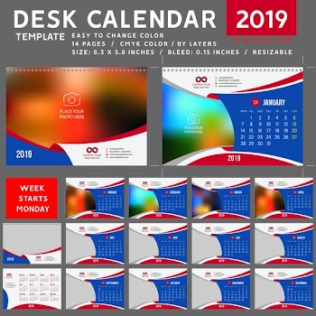 Desk calendar 2019. Desktop calendar template. Week starts on Monday. Vector Illustration. suitable for company. spiral calendar