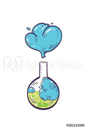 Detailed drawing of round-bottom flask with liquid reagent isolated on white background
