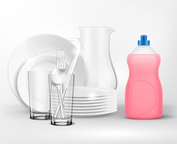 Detergent bottle clean dish wash composition with realistic plates and dishes with plastic bottle of dish soap Free Vector