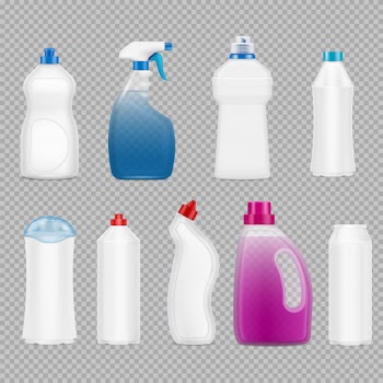 Detergent bottles set of realistic images on transparent with isolated plastic bottles filled with soap Free Vector