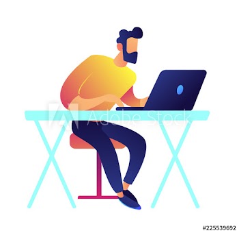Developer working on laptop at desk vector illustration
