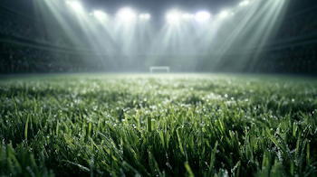 Dew-Kissed Grass in a Night Football Stadium