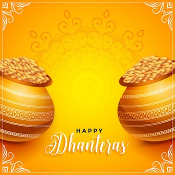 Dhanteras festival decorative card with golden kalash Free Vector