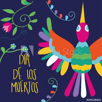dia de los muertos card lettering with bird and flowers