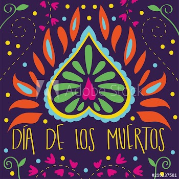 dia de los muertos card with calligraphy and floral decoration