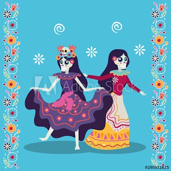 dia de los muertos card with catrinas dancing characters