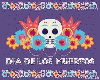 dia de los muertos card with head skull and flowers