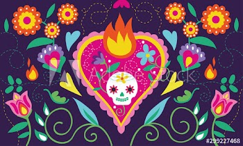 dia de los muertos card with heart skull and floral decoration
