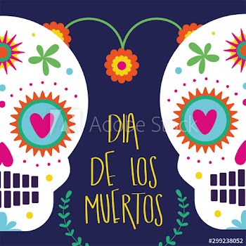 dia de los muertos card with lettering and skulls
