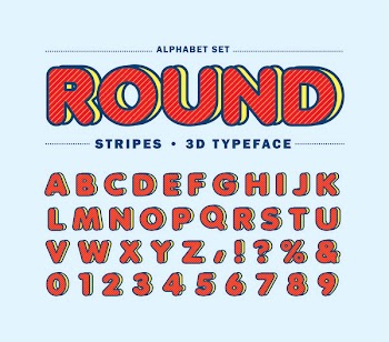 Diagonal line alphabet letters set. Round 3D striped fonts or typeface for headline or title design of poster, layout design, scrapbook or print.