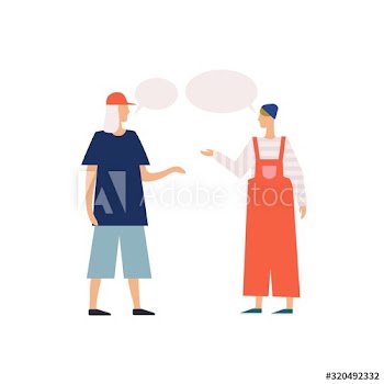 Dialogue of two young modern cartoon people with speech bubbles vector flat illustration
