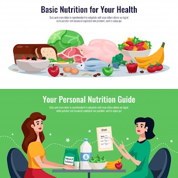 Diet horizontal banners with basic nutrition for good health and personal nutrition guide cartoon Free Vector