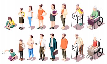 Different generations isometric icons set illustrated human age evolution from kid to old isolated illustration Free Vector
